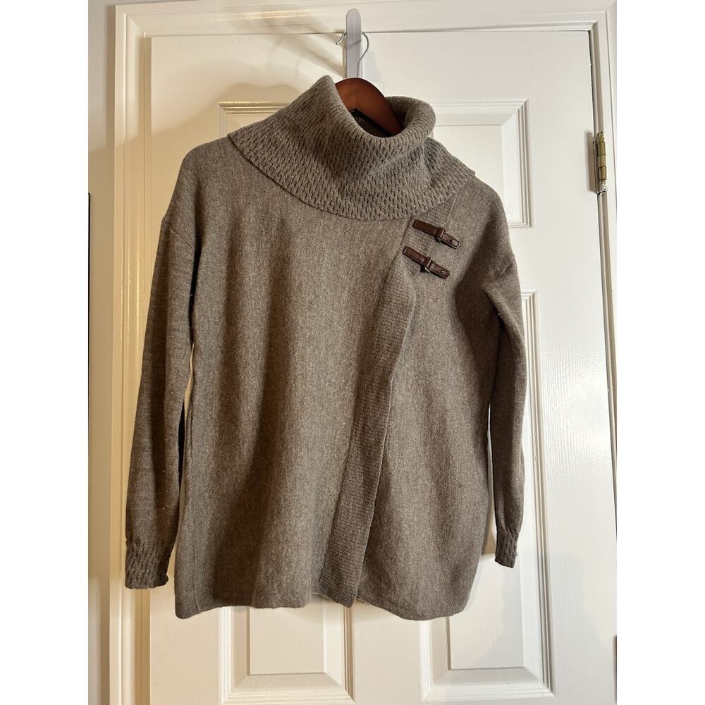 Ellen Tracy Merino Wool Cowl Neck Sweater Small Brown Leather Toggle Wrap
